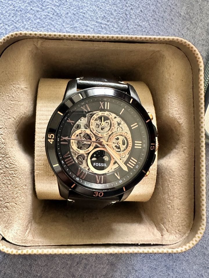 Fossil Grant Sport Automatic Skeleton Black Dial Black Leather Strap Watch for Men - ME3138