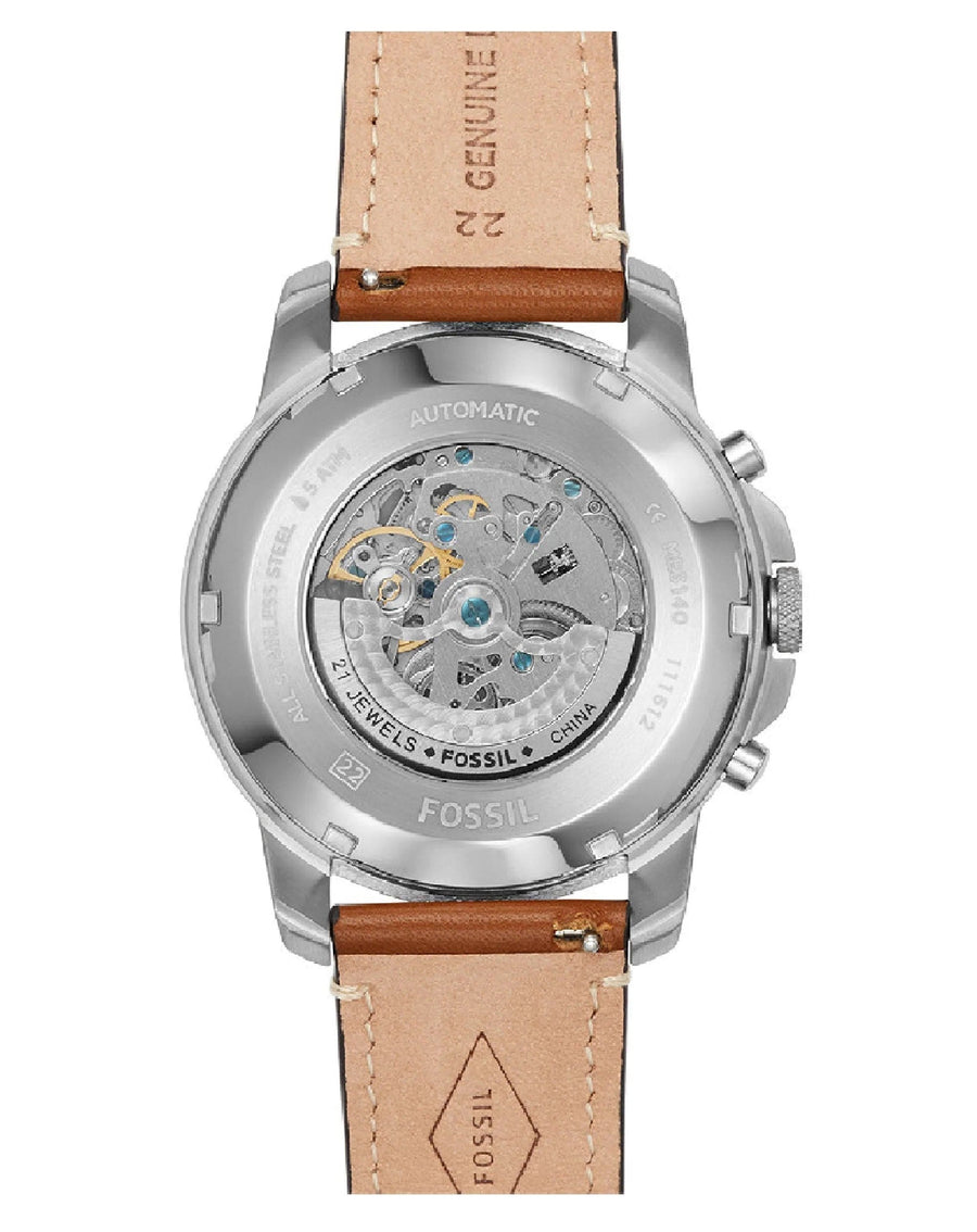 Fossil Grant Sport Automatic Skeleton Blue Dial Brown Leather Strap Watch for Men - ME3140