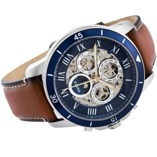 Fossil Grant Sport Automatic Skeleton Blue Dial Brown Leather Strap Watch for Men - ME3140