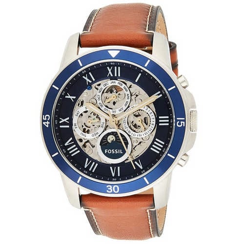 Fossil Grant Sport Automatic Skeleton Blue Dial Brown Leather Strap Watch for Men - ME3140