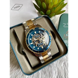 Fossil Grant Sport Automatic Skeleton Blue Dial Two Tone Steel Strap Watch for Men - ME3141