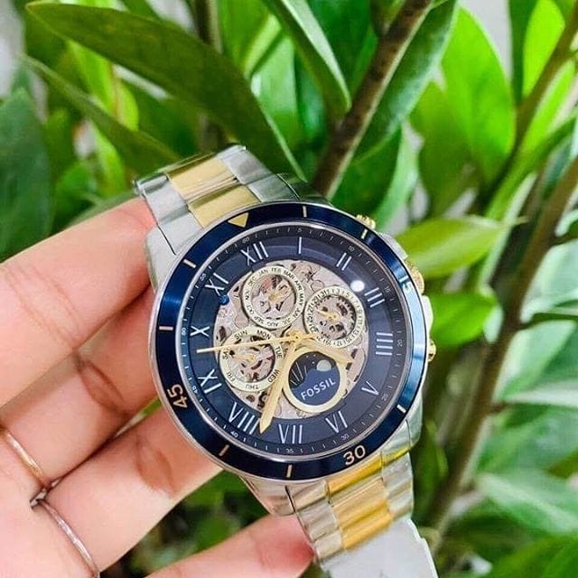 Fossil Grant Sport Automatic Skeleton Blue Dial Two Tone Steel Strap Watch for Men - ME3141