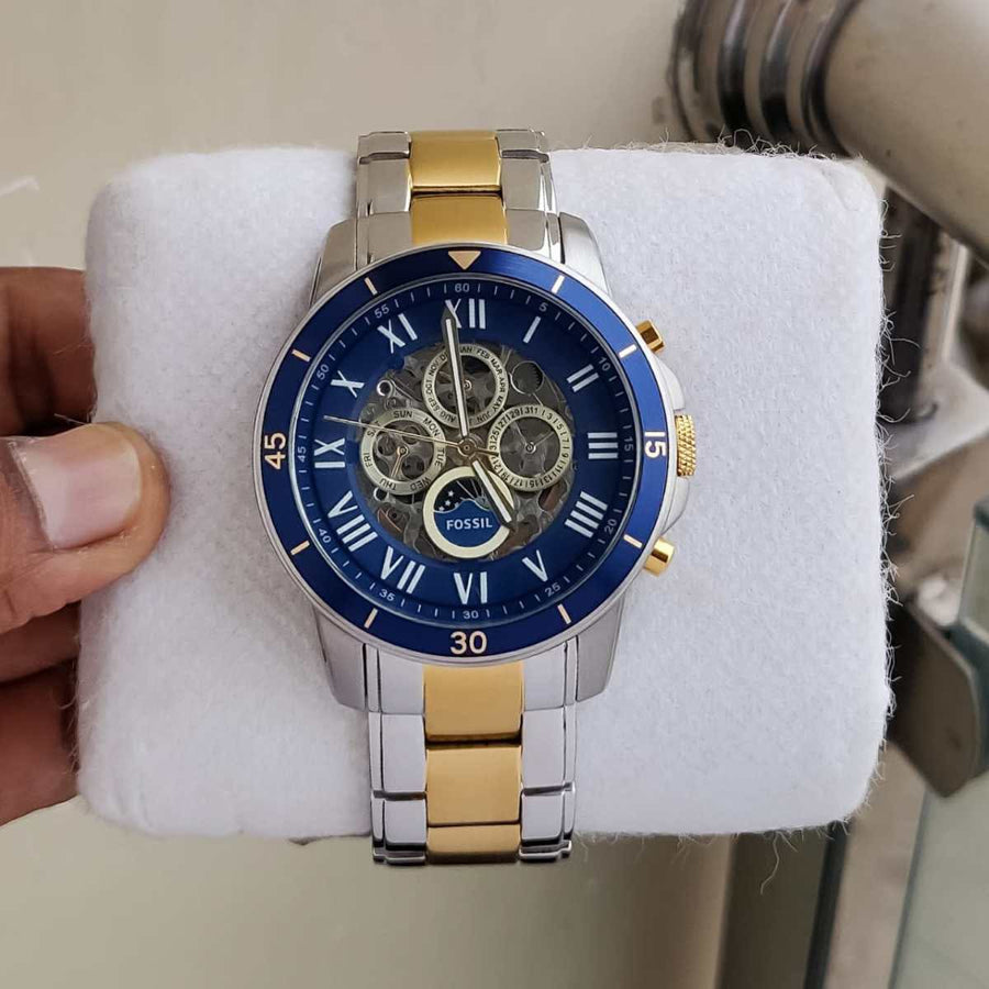 Fossil Grant Sport Automatic Skeleton Blue Dial Two Tone Steel Strap Watch for Men - ME3141