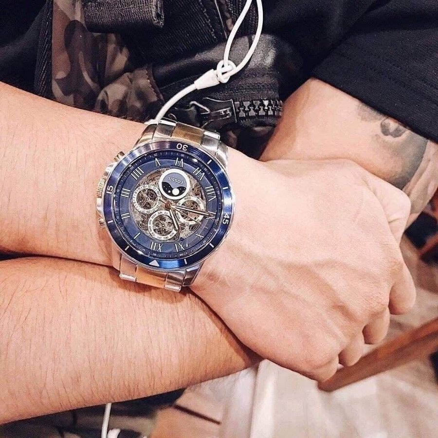 Fossil Grant Sport Automatic Skeleton Blue Dial Two Tone Steel Strap Watch for Men - ME3141