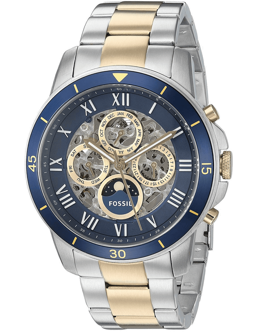 Fossil Grant Sport Automatic Skeleton Blue Dial Two Tone Steel Strap Watch for Men - ME3141