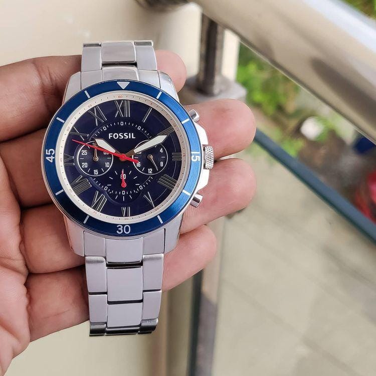 Fossil Grant Sport Chronograph Blue Dial Silver Steel Strap Watch for Men - FS5238