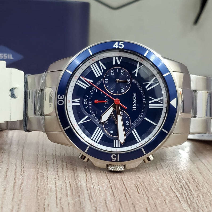 Fossil Grant Sport Chronograph Blue Dial Silver Steel Strap Watch for Men - FS5238