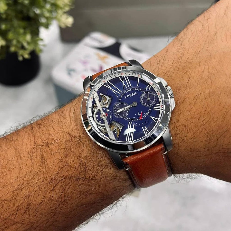 Fossil Grant Twist Multifunction Blue Dial Brown Leather Strap Watch for Men - ME1161