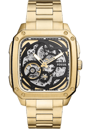Fossil Inscription Automatic Skeleton Black Dial Gold Steel Strap Watch for Men - BQ2573