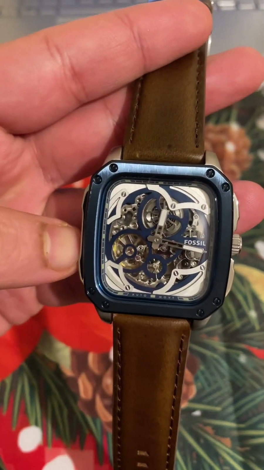 Fossil Inscription Automatic Skeleton Blue Dial Brown Leather Strap Watch for Men - BQ2571