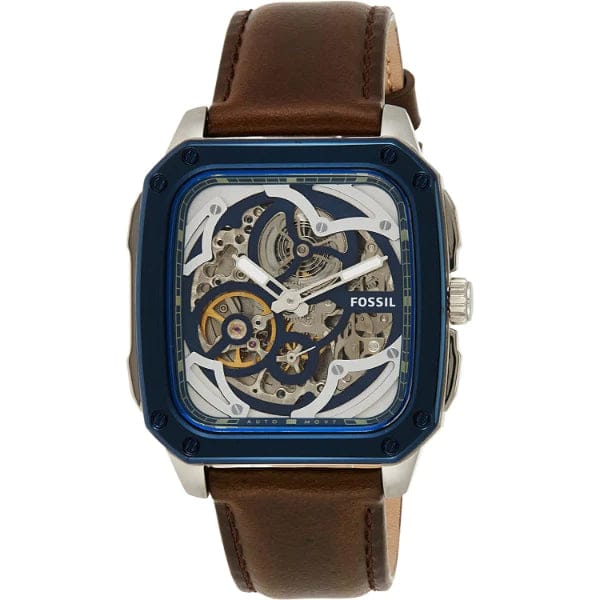 Fossil Inscription Automatic Skeleton Blue Dial Brown Leather Strap Watch for Men - BQ2571