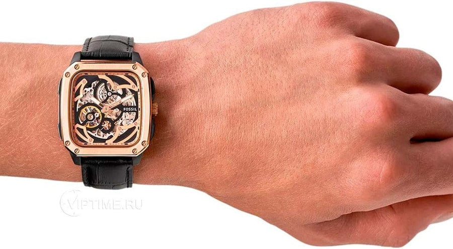 Fossil Inscription Automatic Skeleton Rose Gold Dial Black Leather Strap Watch for Men - BQ2572