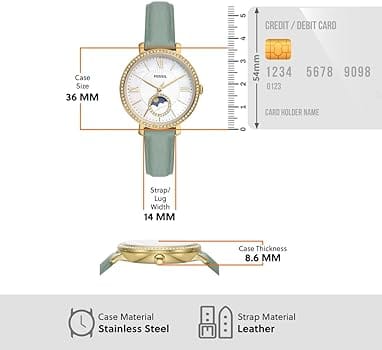 Fossil Jacqueline Analog Moonphase Mother of Pearl White Dial Green Leather Strap Watch for Women - ES5168