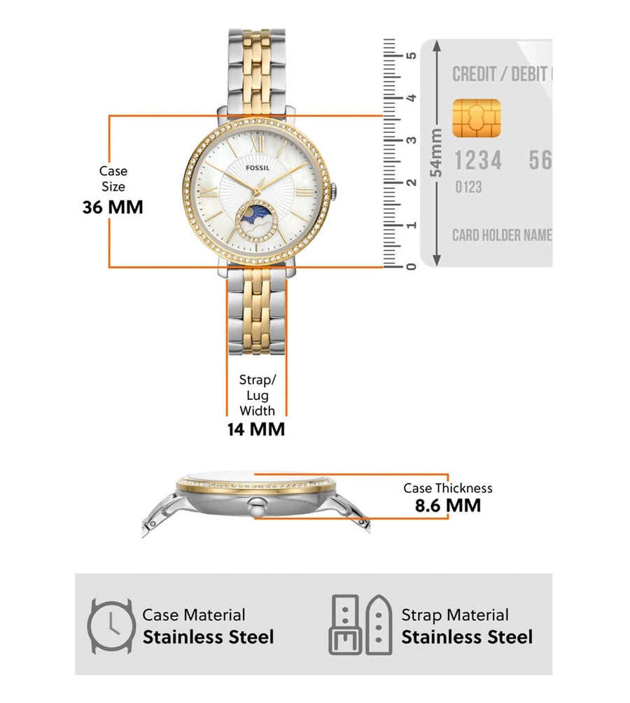 Fossil Jacqueline Analog Moonphase Mother of Pearl White Dial Two Tone Steel Strap Watch for Women - ES5166