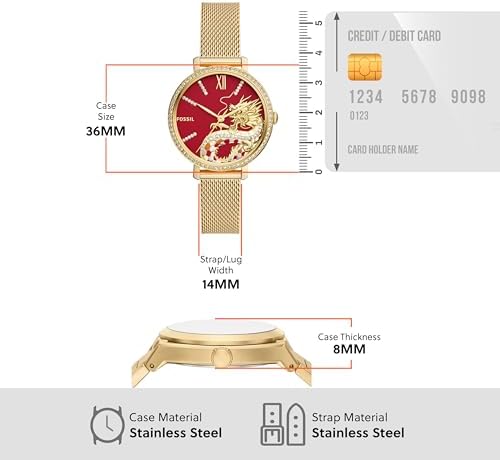 Fossil Jacqueline Dragonsteel Limited Edition Red Dial Gold Mesh Strap Watch for Women - ES5316