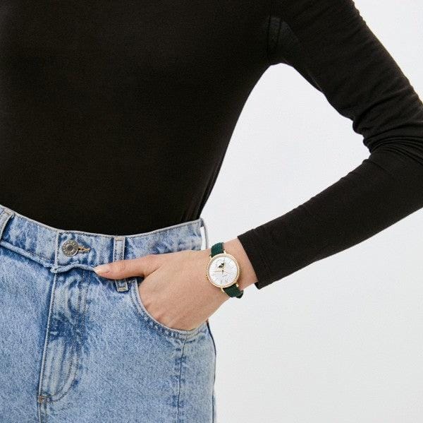 Fossil Jacqueline Multifunction Moonphase Mother of Pearl White Dial Green Leather Strap Watch for Women - ES5244
