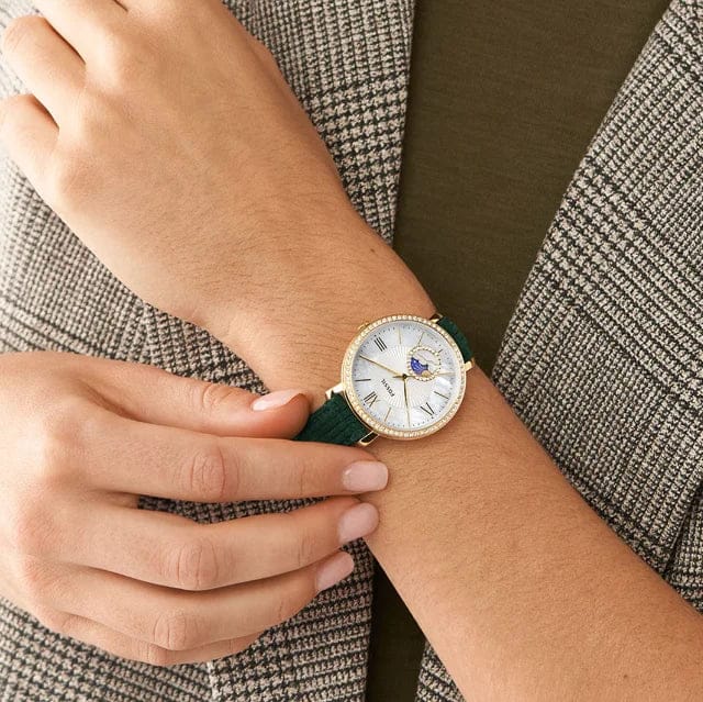 Fossil Jacqueline Multifunction Moonphase Mother of Pearl White Dial Green Leather Strap Watch for Women - ES5244