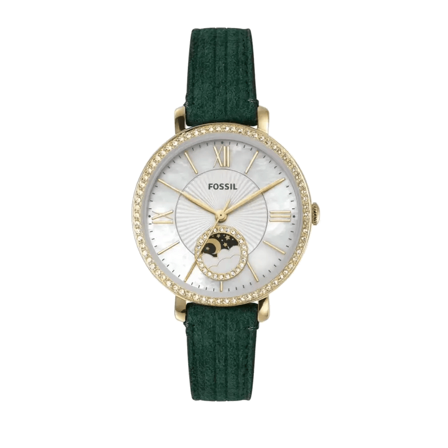 Fossil Jacqueline Multifunction Moonphase Mother of Pearl White Dial Green Leather Strap Watch for Women - ES5244
