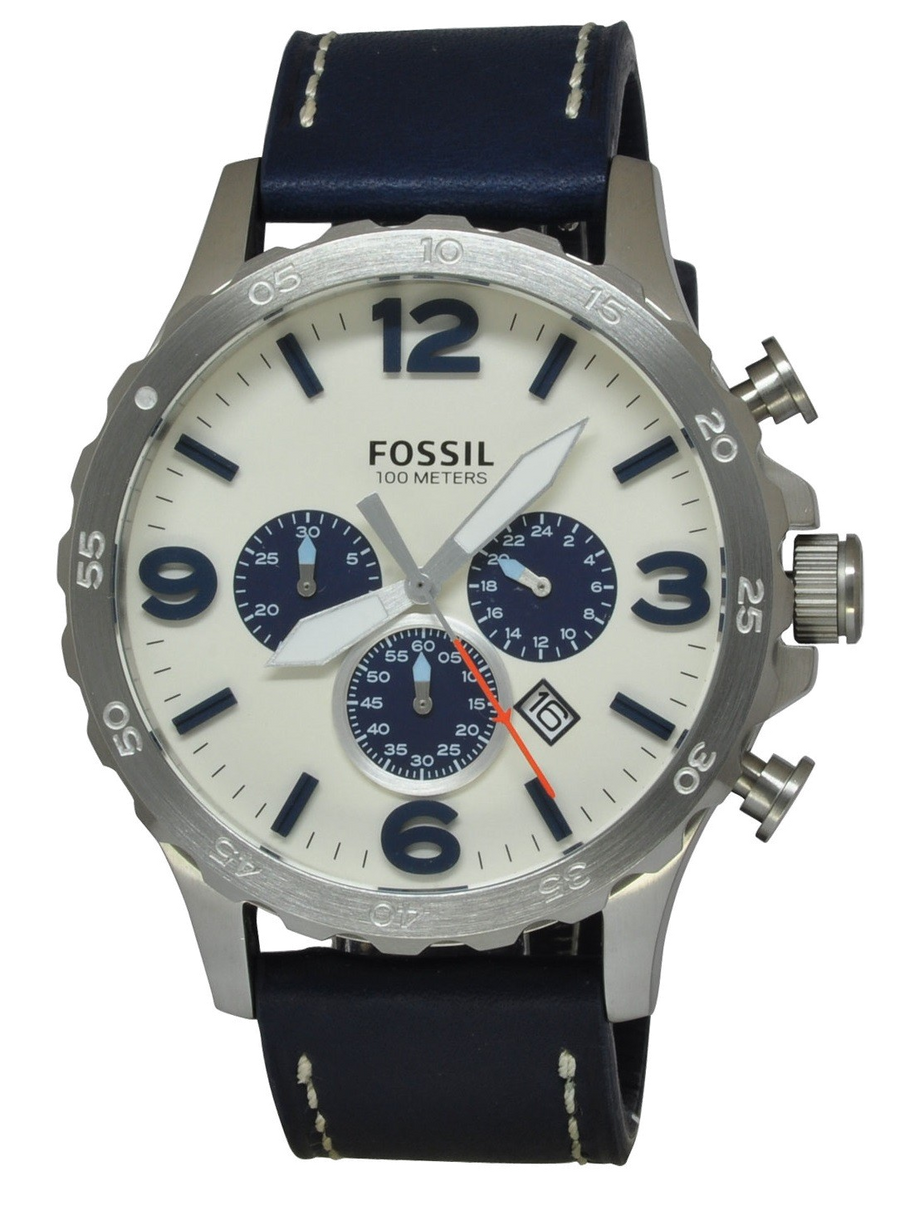 Fossil Nate Chronograph White Dial Blue Leather Strap Watch for Men - JR1480