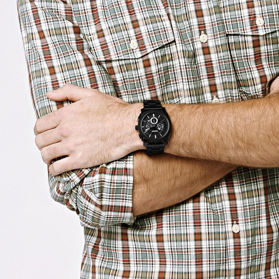Fossil Machine Chronograph Black Dial Black Steel Strap Watch for Men - FS4552
