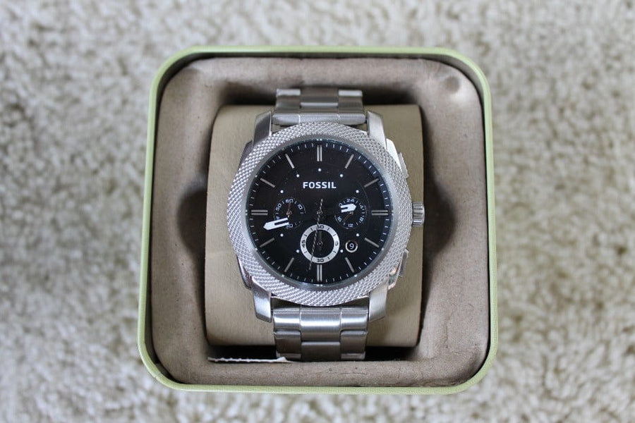 Fossil Machine Chronograph Black Dial Silver Steel Strap Watch for Men - FS4776
