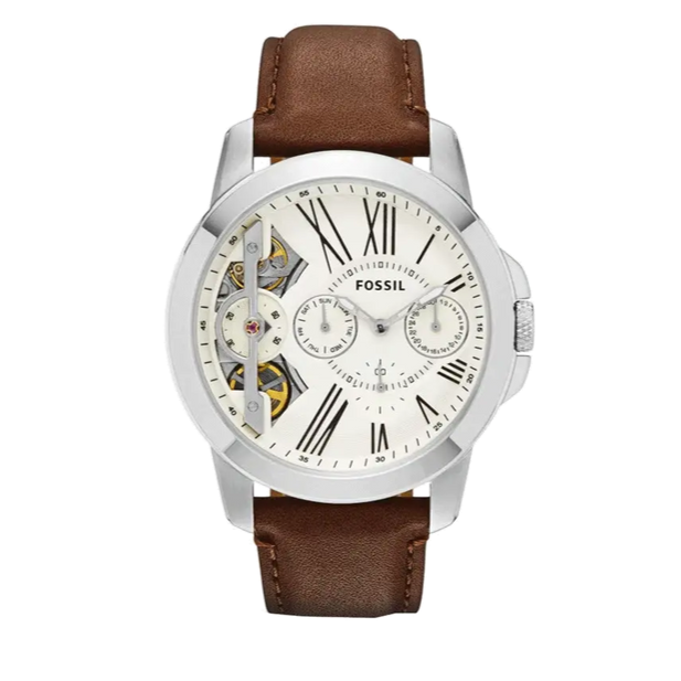 Fossil Grant Twist Multi-Function White Dial Brown Leather Strap Watch for Men - ME1144