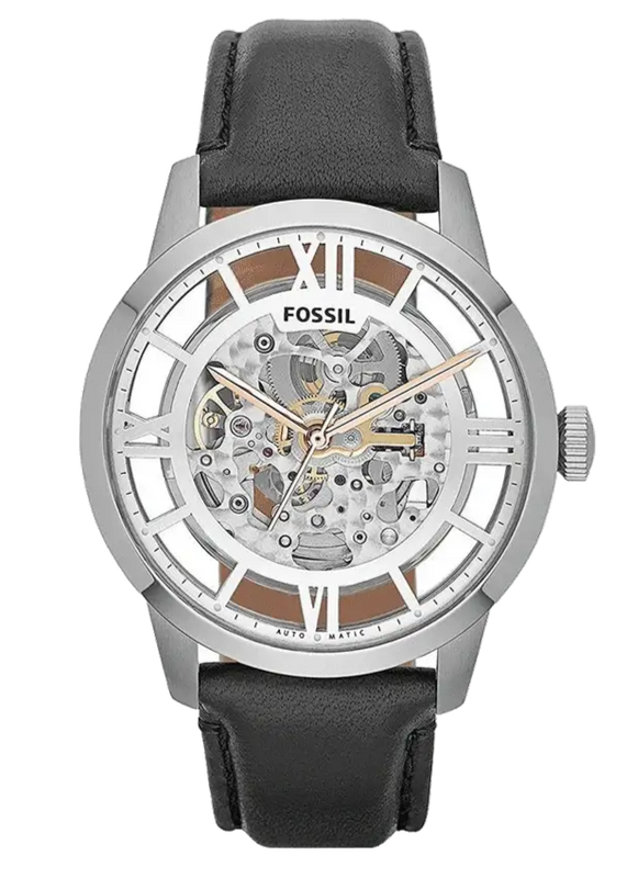 Fossil Townsman Automatic Skeleton Silver Dial Black Leather Strap Watch for Men - ME3041