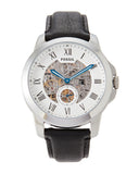 Fossil Grant Skeleton White Dial Black Leather Strap Watch for Men -  ME3053