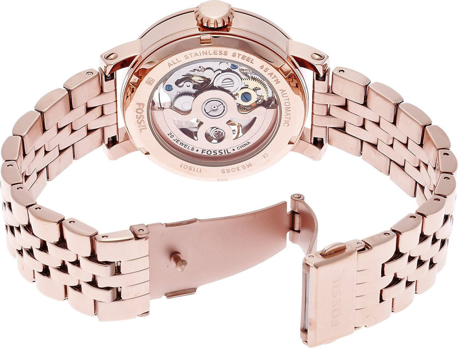 Fossil Boyfriend Automatic Skeleton Rose Gold Dial Rose Gold Steel Strap Watch for Women - ME3065