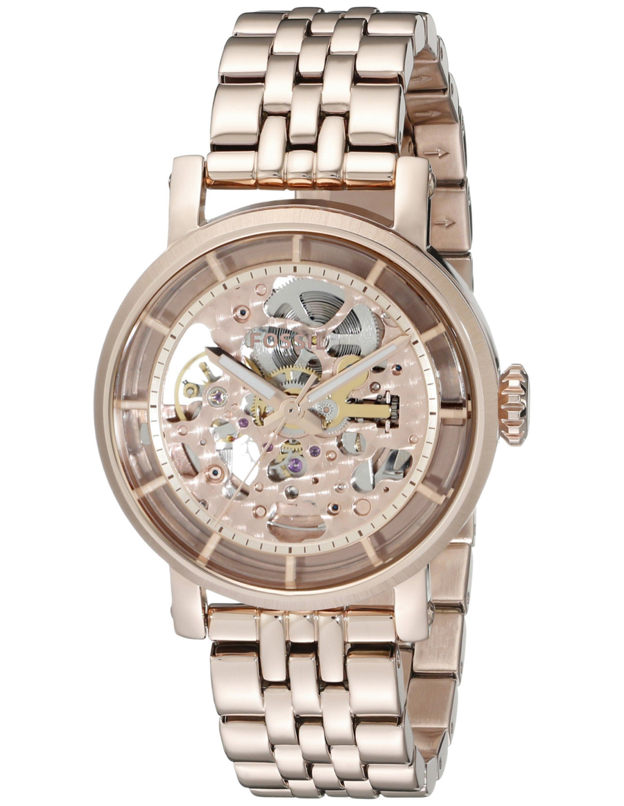 Fossil Boyfriend Automatic Skeleton Rose Gold Dial Rose Gold Steel Strap Watch for Women - ME3065