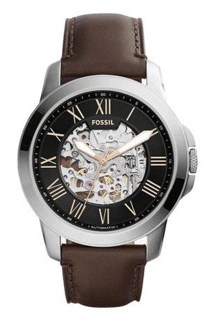 Fossil Grant Automatic Skeleton Black Dial Brown Leather Strap Watch for Men - ME3100