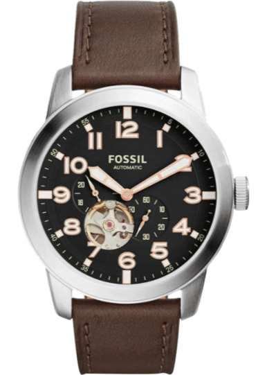 Fossil Pilot 54 Automatic Black Dial Brown Leather Strap Watch for Men - ME3118