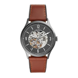 Fossil Forrester Automatic Skeleton Grey Dial Brown Leather Strap Watch for Men - ME3178