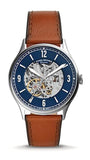 Fossil Forrester Luggage Automatic Skeleton Blue Dial Brown Leather Strap Watch for Men - ME3179