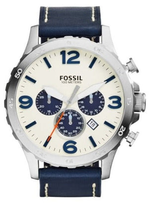 Fossil Nate Chronograph White Dial Blue Leather Strap Watch for Men - JR1480