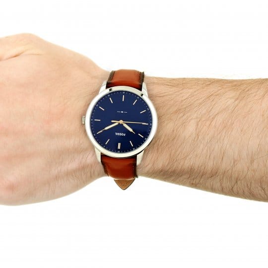 Fossil Minimalist Blue Dial Brown Leather Strap Watch for Men - FS5304