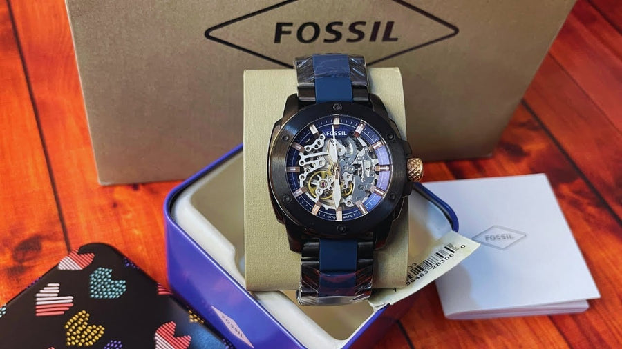 Fossil Modern Machine Automatic Skeleton Blue Dial Two Tone Steel Strap Watch for Men - ME3133