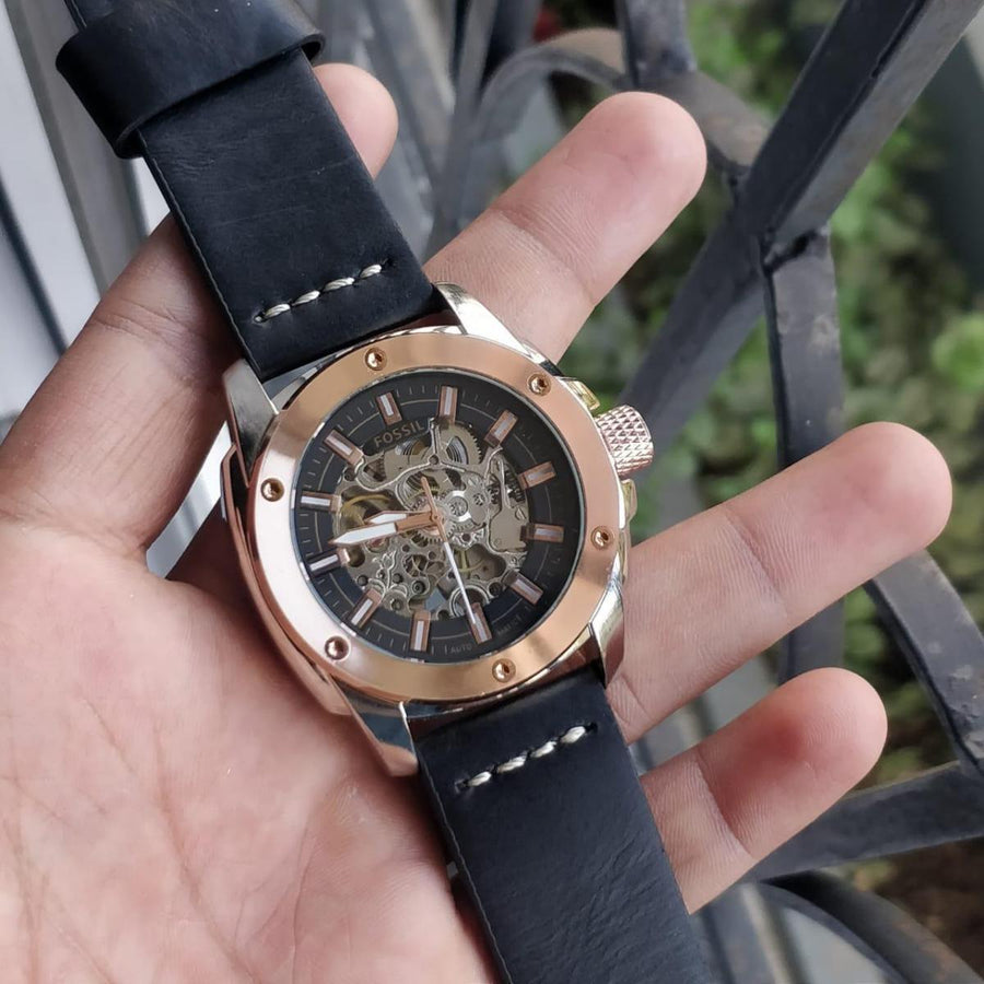 Fossil Modern Machine Automatic Skeleton Dial Black Leather Strap Watch for Men - ME3082