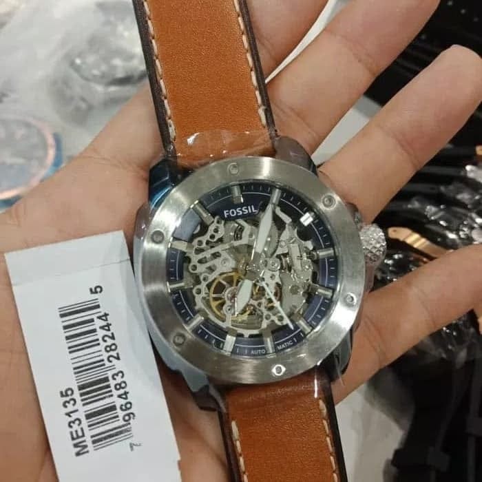 Fossil Modern Machine Automatic Skeleton Silver Dial Brown Leather Strap Watch for Men - ME3135
