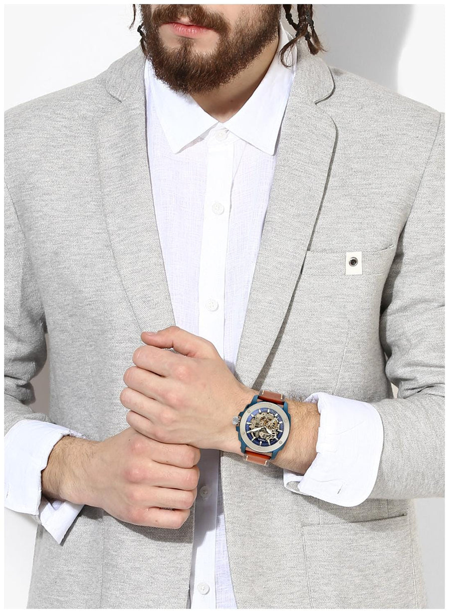 Fossil Modern Machine Automatic Skeleton Silver Dial Brown Leather Strap Watch for Men - ME3135