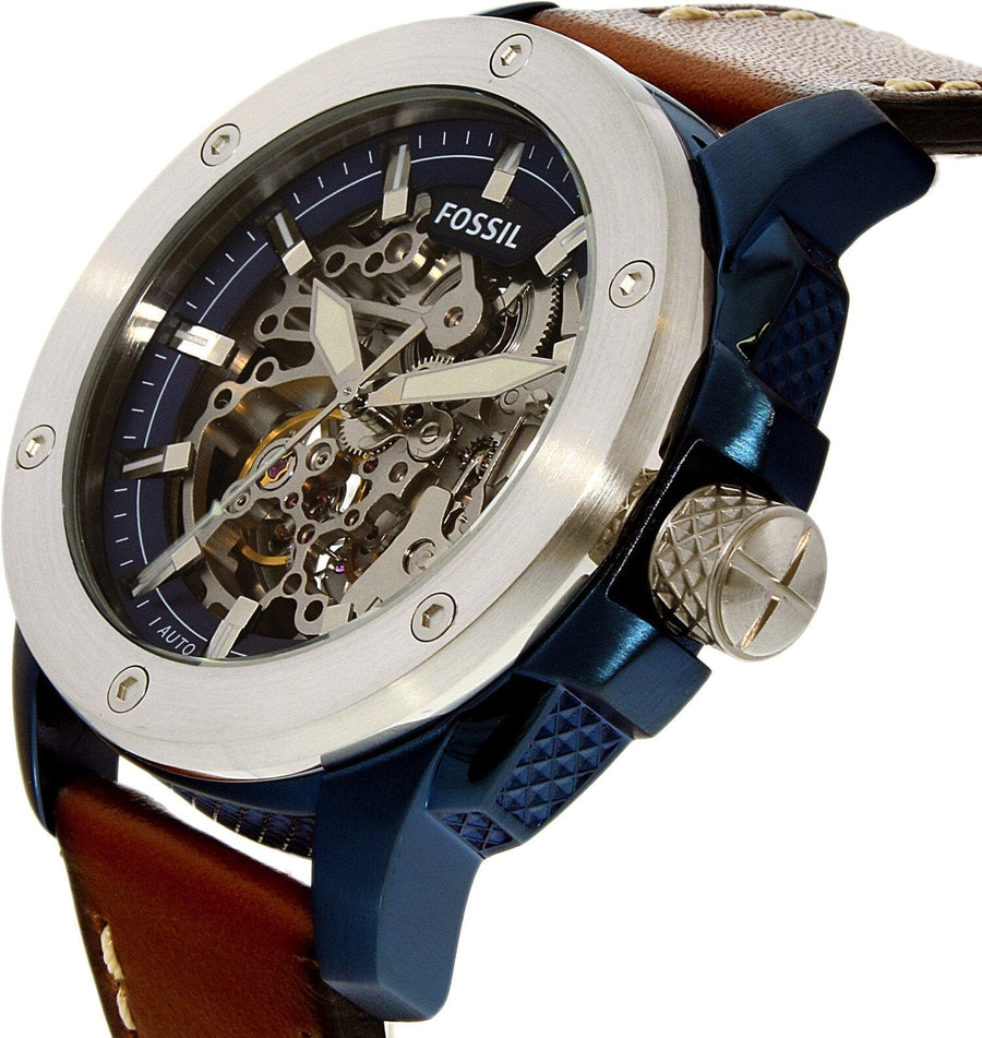 Fossil Modern Machine Automatic Skeleton Silver Dial Brown Leather Strap Watch for Men - ME3135