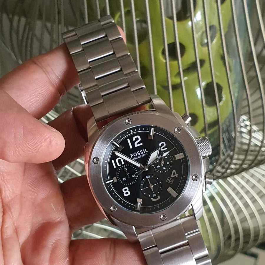 Fossil Modern Machine Black Dial Silver Steel Strap Watch for Men - FS4926