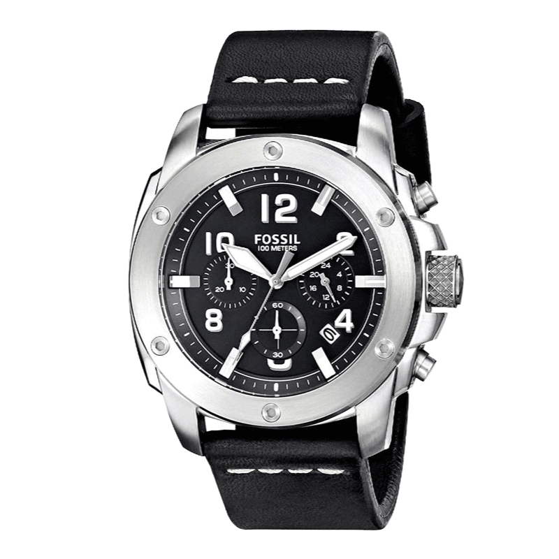 Fossil Modern Machine Chronograph Black Dial Black Leather Strap Watch for Men - FS4928