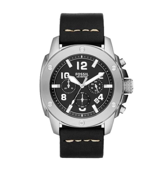 Fossil Modern Machine Chronograph Black Dial Black Leather Strap Watch for Men - FS4928