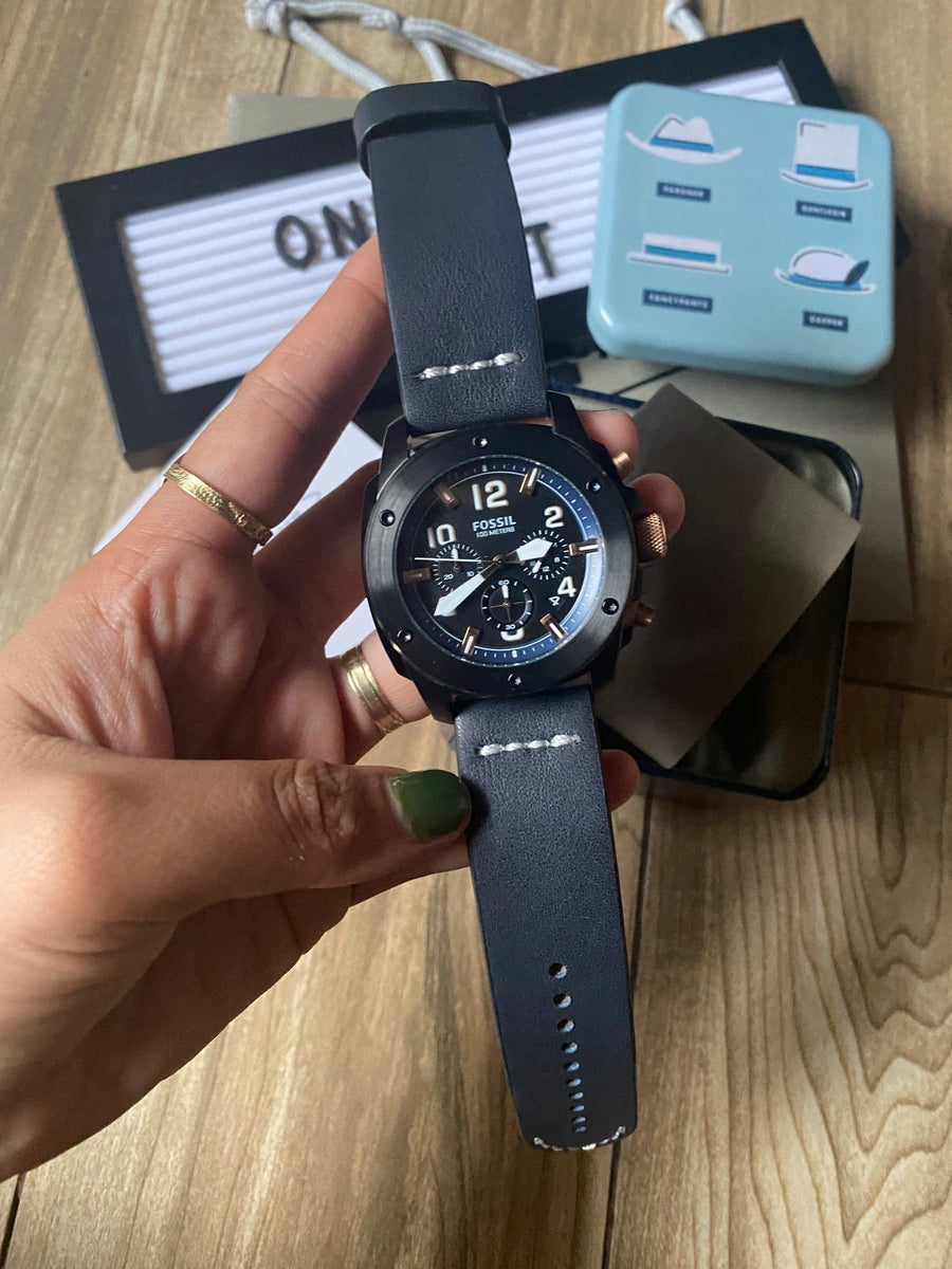 Fossil Modern Machine Chronograph Black Dial Blue Leather Strap Watch for Men - FS5066