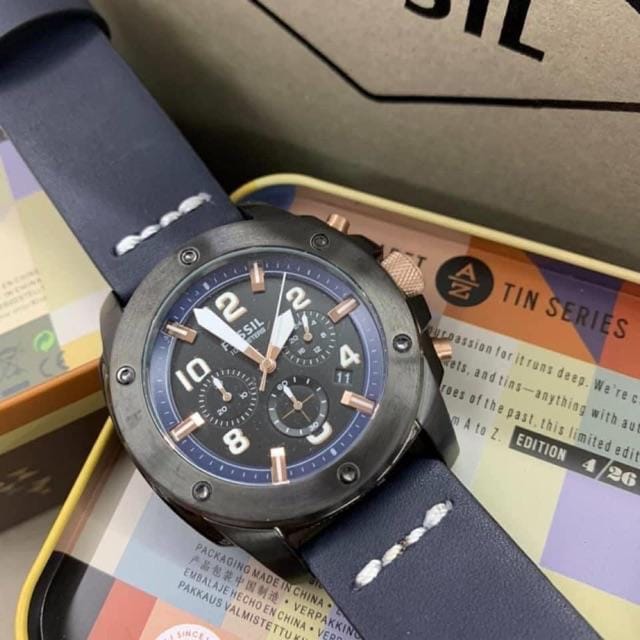 Fossil Modern Machine Chronograph Black Dial Blue Leather Strap Watch for Men - FS5066