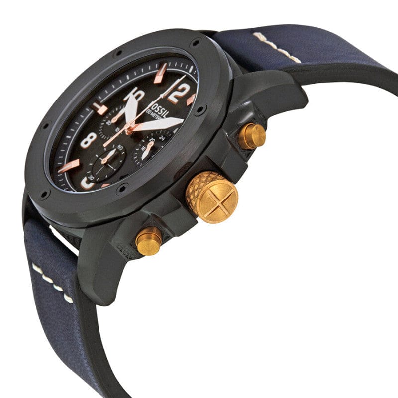 Fossil Modern Machine Chronograph Black Dial Blue Leather Strap Watch for Men - FS5066