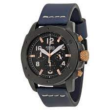 Fossil Modern Machine Chronograph Black Dial Blue Leather Strap Watch for Men - FS5066