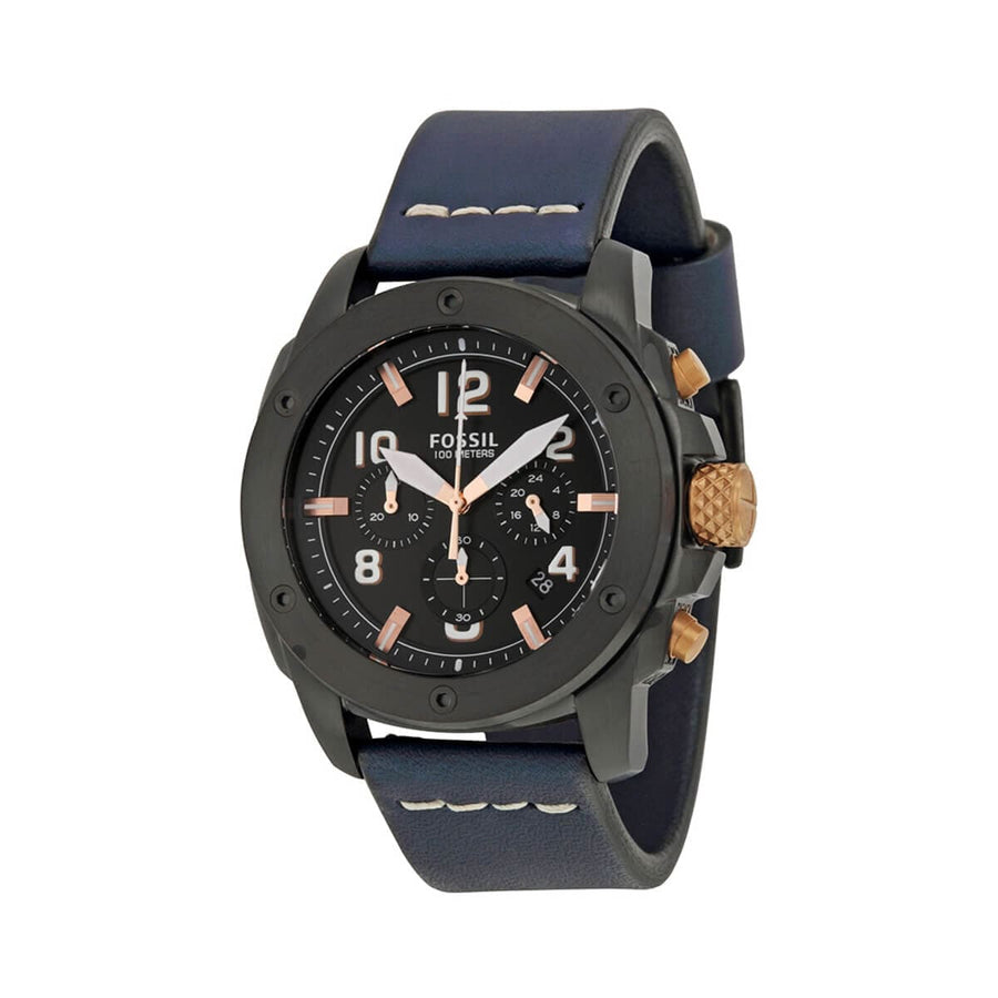 Fossil Modern Machine Chronograph Black Dial Blue Leather Strap Watch for Men - FS5066