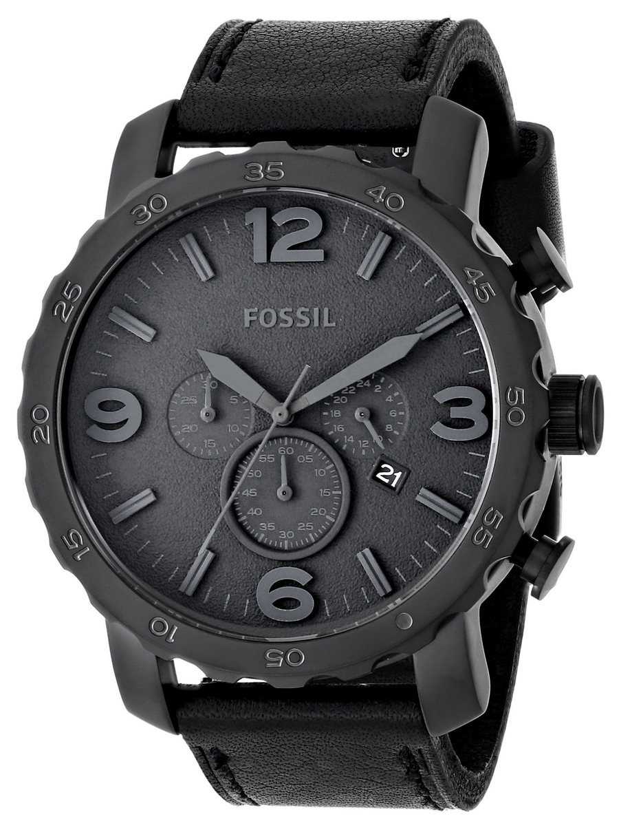 Fossil Nate Chronograph Black Dial Black Leather Strap Watch for Men - JR1354